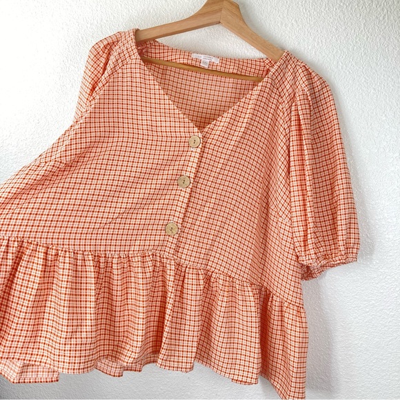 Lauren Conrad V Neck Cropped Ruffled Blouse XXL Orange Button Down Peplum Flowy - Picture 6 of 16